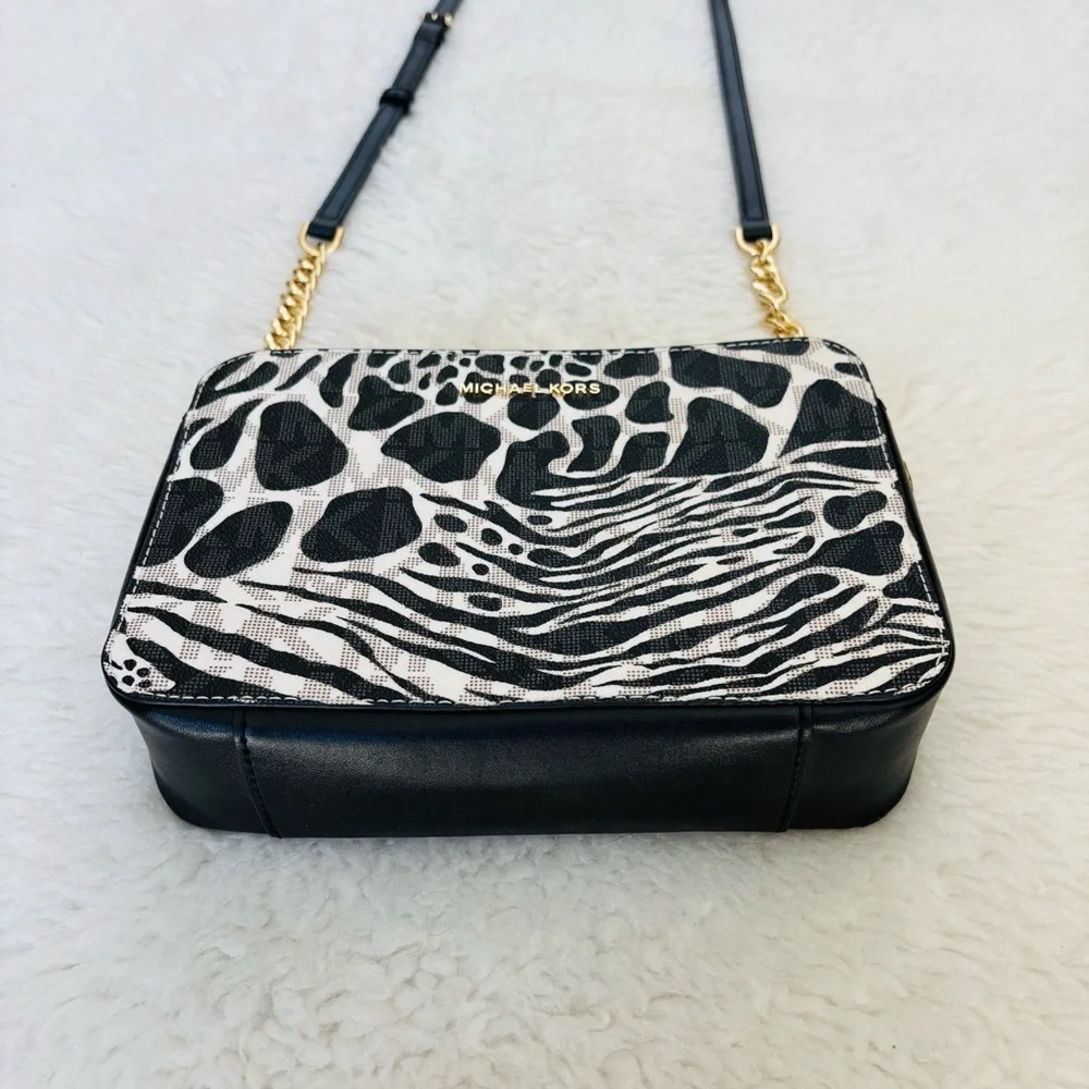 Michael Kors MK Monogram Black and White Animal Print Small Crossbody Bag